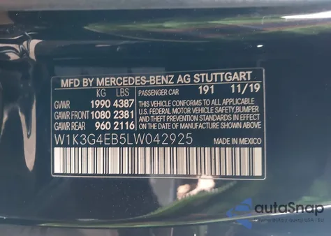 2020 Mercedes-Benz A 220 из США, поврежденный, VIN W1K3G4EB5LW042925